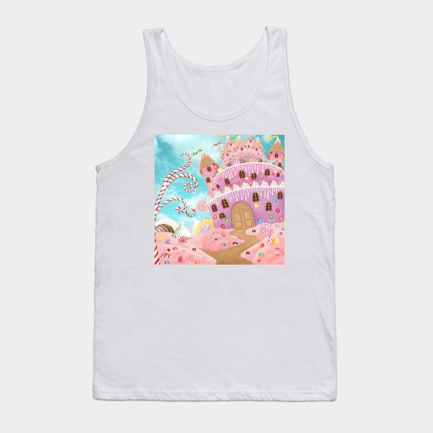 Magic cake and candy castle illustration. Fantasy sweets wonderworld background. Desserts dream landscape Tank Top by likapix